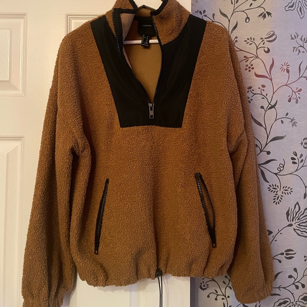 Forever 21 brown Sherpa half zip sweater M